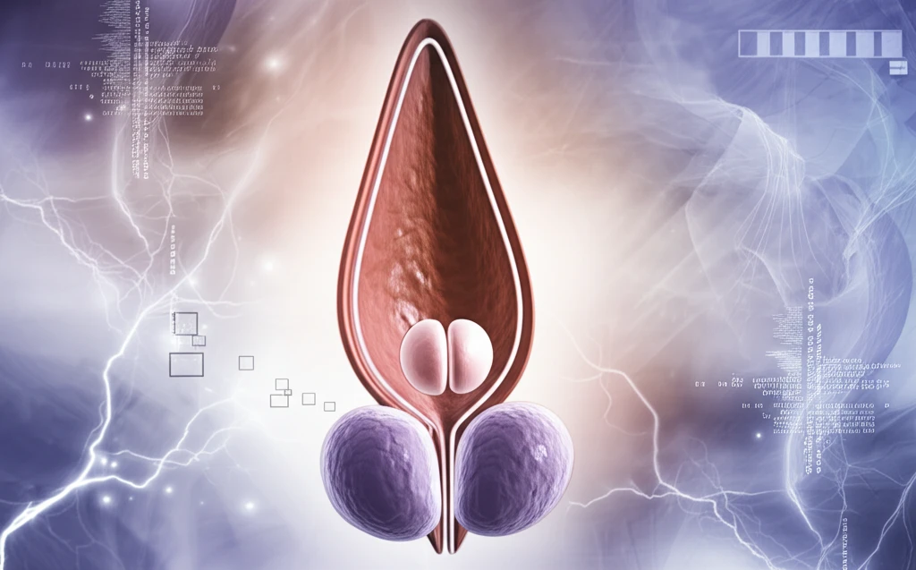 Stylized illustration of prostate cancer radiotherapy.