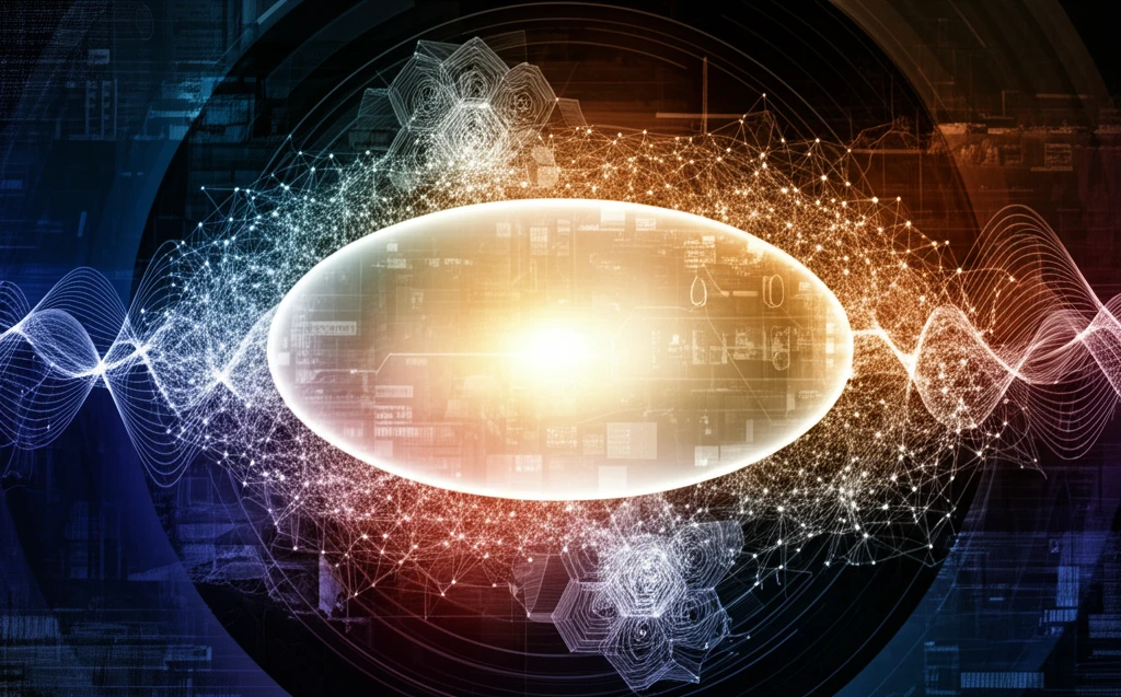A digital illustration of a blockchain network with a glowing ellipse at its center, representing the future of DeFi security.