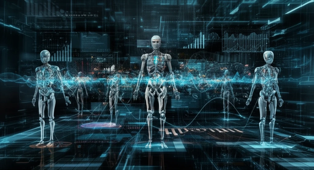 AI agents analyzing financial data, visualizing market sentiment as emotional waves.