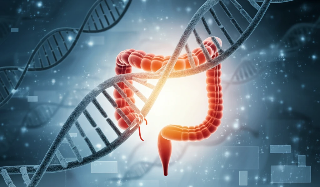 DNA strands integrating with a healthy colon, symbolizing genetic research in IBD.