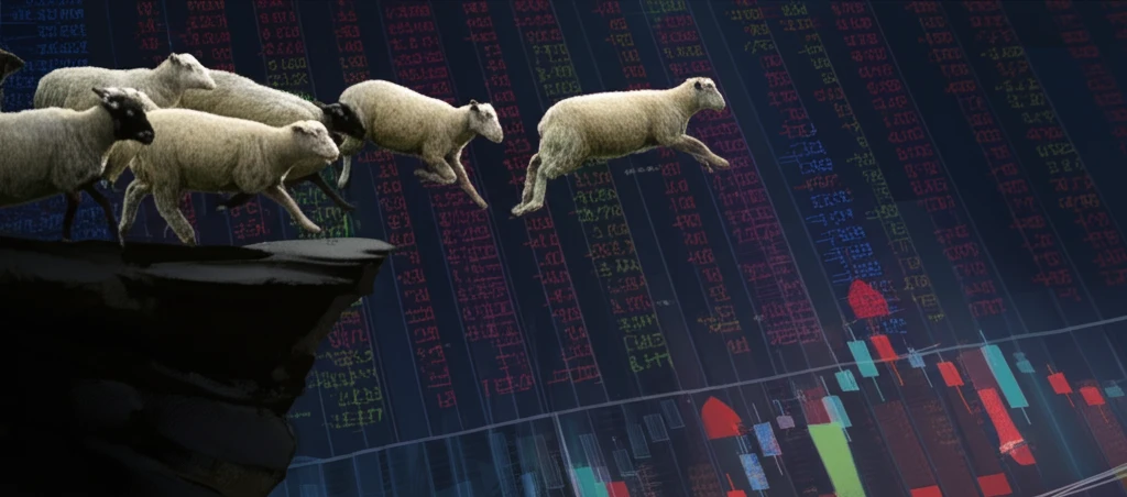 Herd of sheep jumping off a cliff, symbolizing the dangers of herd behavior in financial markets.