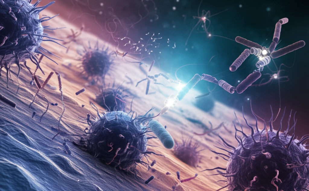 Microscopic battle scene of bacteriocins fighting antibiotic-resistant bacteria
