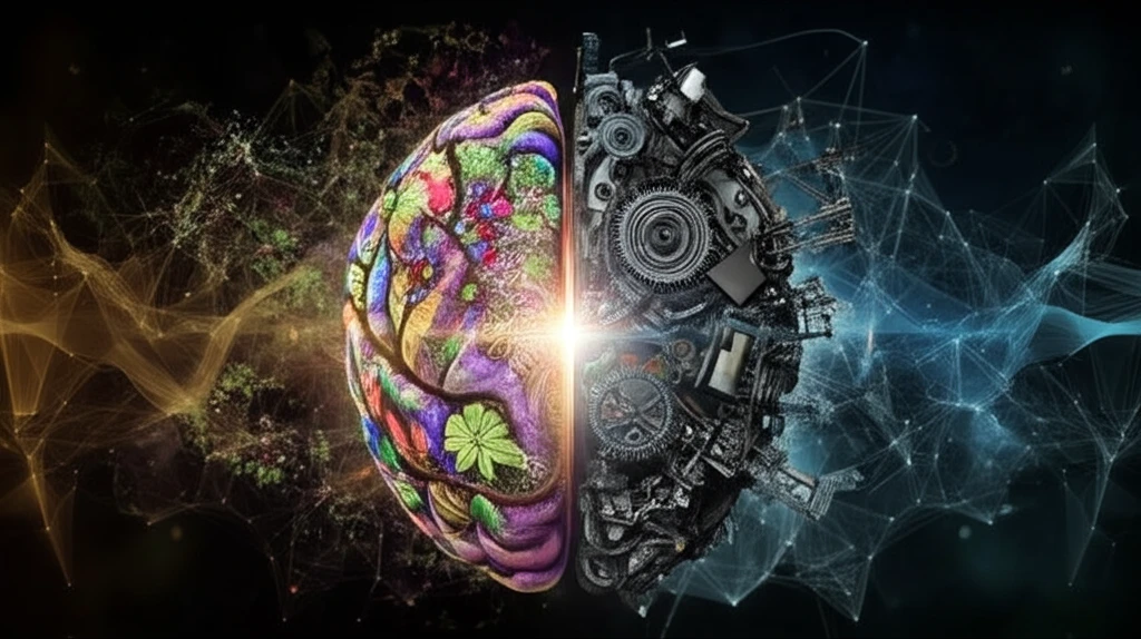 A brain visually representing the transition from natural to artificial elements to symbolize cognitive enhancement.