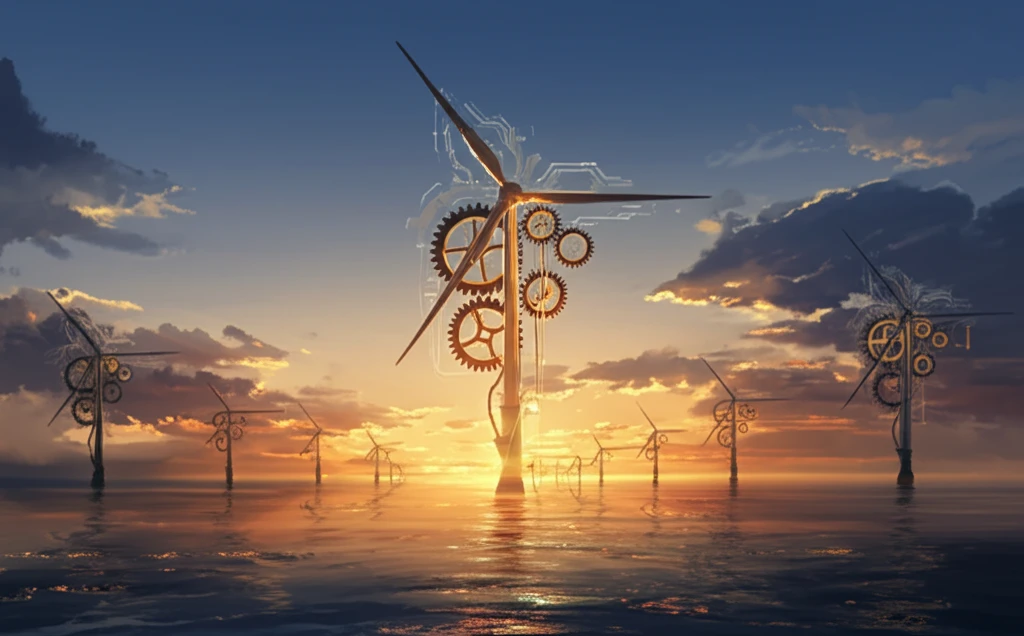Offshore wind farm at sunset, symbolizing the balance between technology and nature