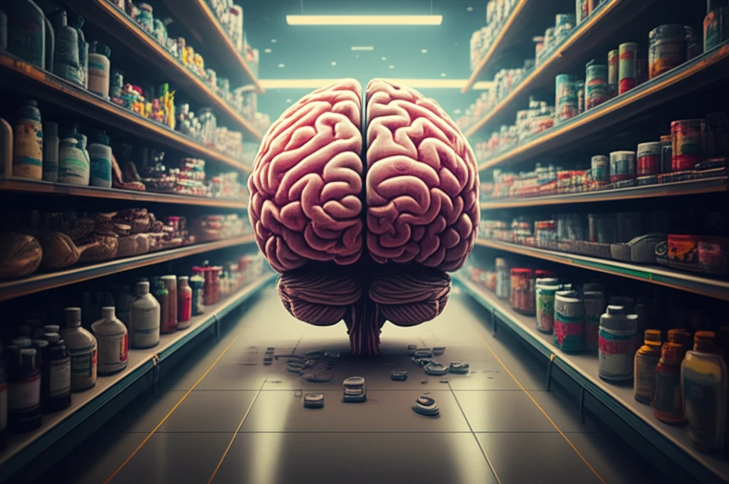 Retail shelf transforming into a brain, symbolizing the psychology of product placement.