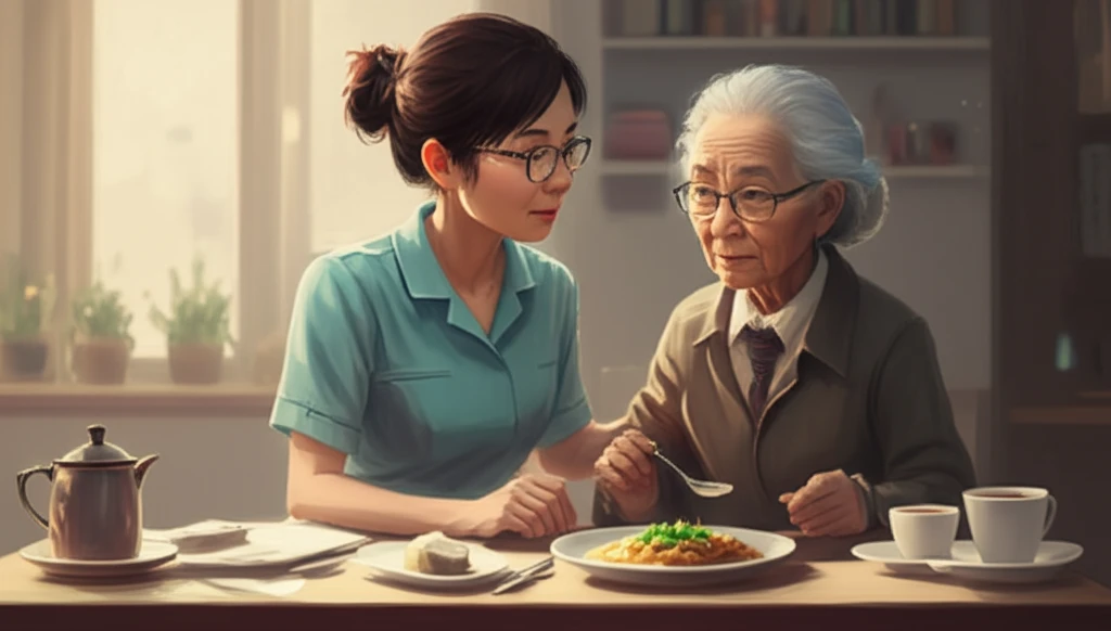 Caregiver assisting elderly person with dysphagia.