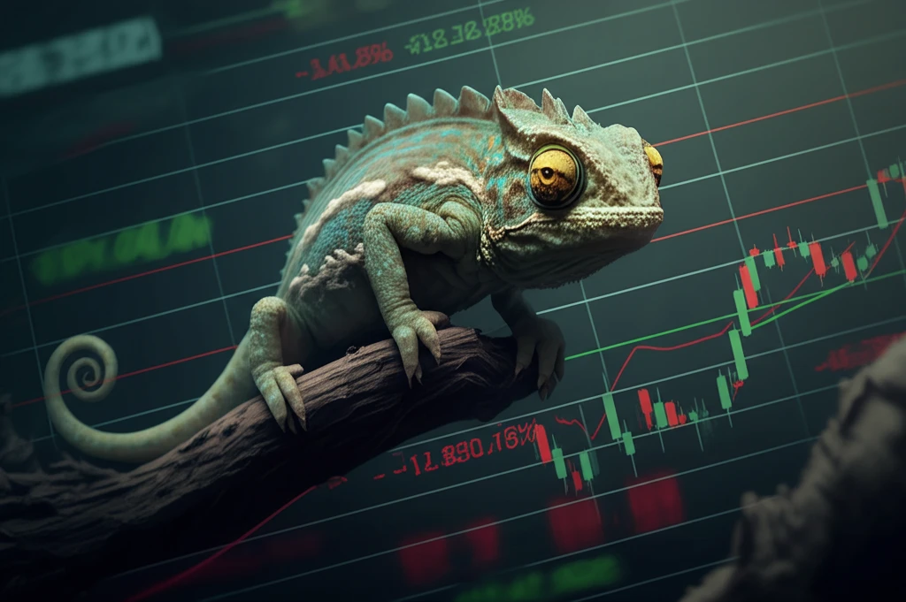 Chameleon blending into a stock market graph, symbolizing adaptive risk in finance.