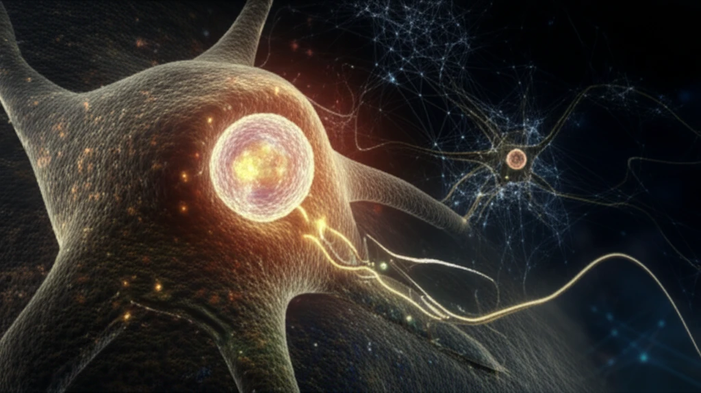 Surreal illustration of a dendritic cell releasing a glowing protein, symbolizing the immune system's complexity.