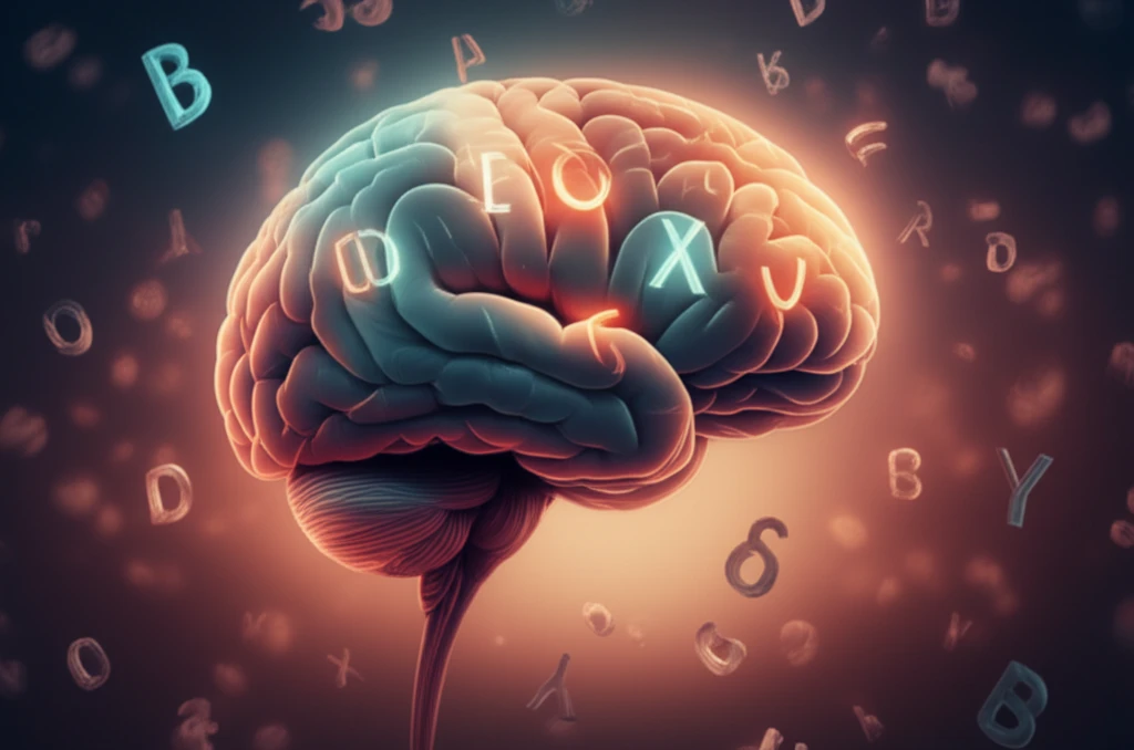 A child's brain with jumbled letters, symbolizing dyslexia in rolandic epilepsy.