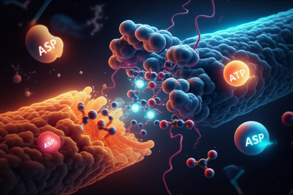 A surreal illustration of a Kinesin-13 protein at work, dismantling a microtubule within a cell.