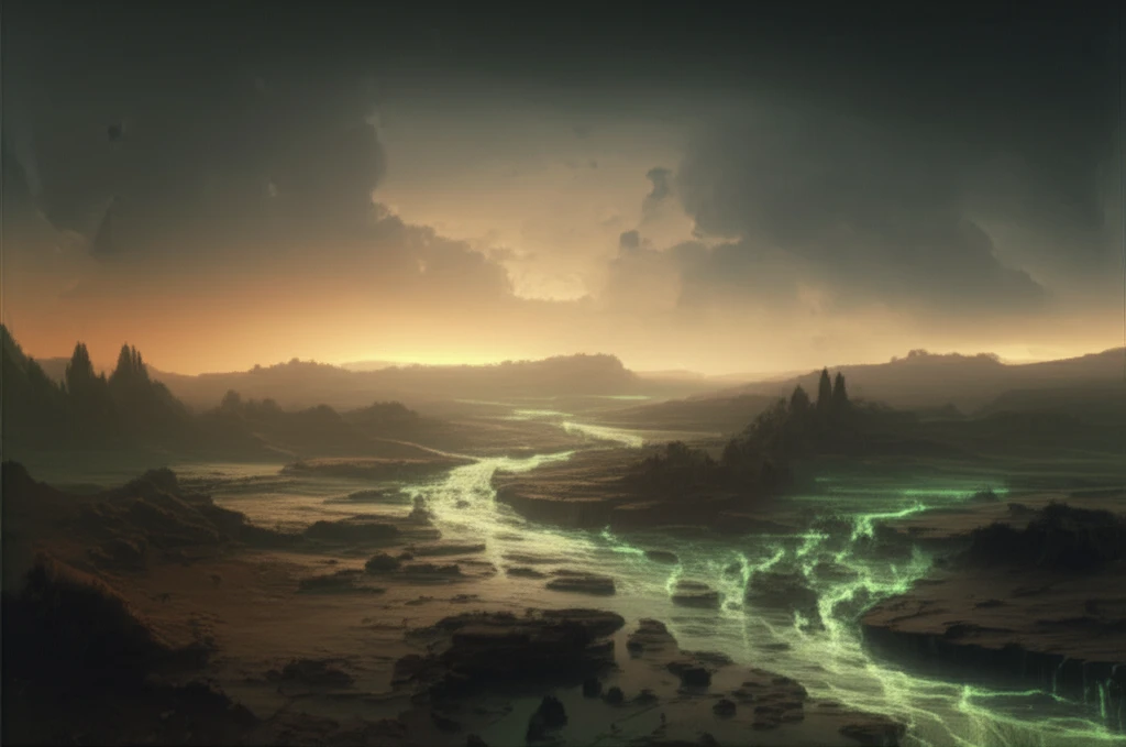 Radioactive river pollution surreal illustration