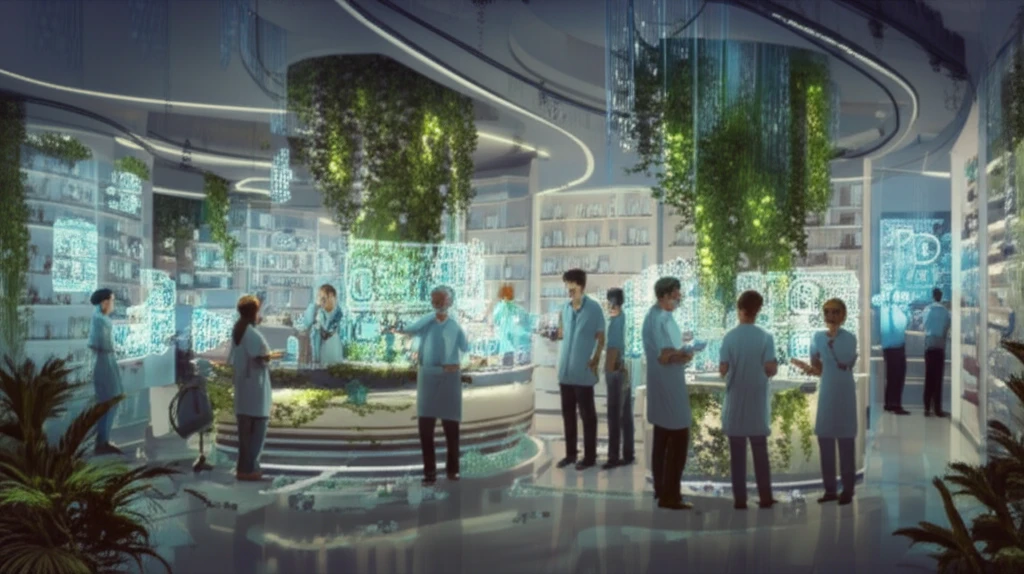 Modern pharmacy with research data displays and healthcare professionals collaborating.