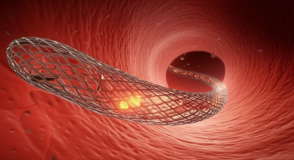 Surreal illustration of a stent graft with a subtle glow representing infection.