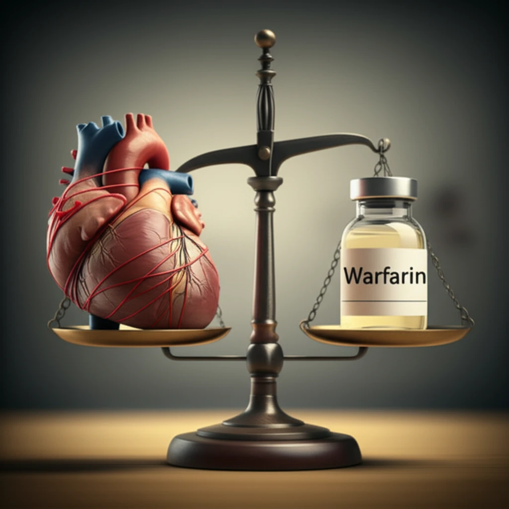 Balancing act: medicine vial and heart tangled in red threads.