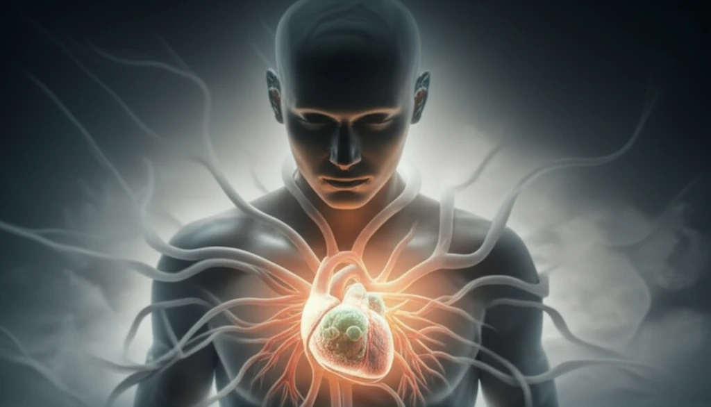 Glowing cell protecting a person from industrial fumes.