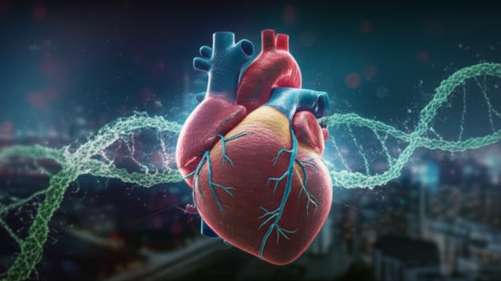 Stylized human heart with glowing microRNA strands symbolizing genetic differentiation in heart disease.