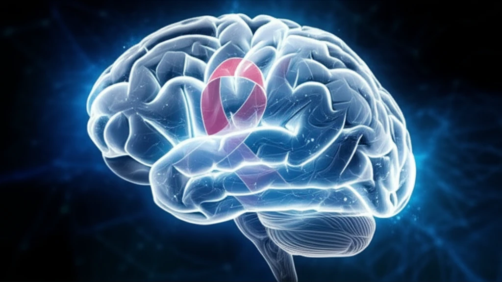 Surreal illustration of brain health with glowing white matter and HIV awareness ribbon.