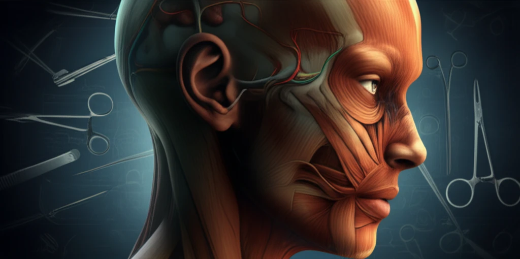 Illustration of facial anatomy with preserved temporal artery highlighted for facial reconstruction.