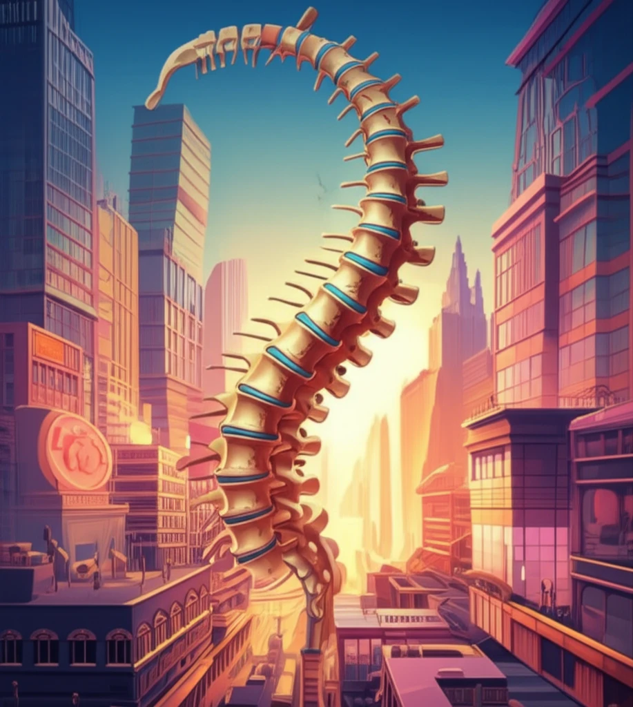 Spine straightening and aligning with balanced cityscape backdrop, symbolizing recovery from spondylolisthesis