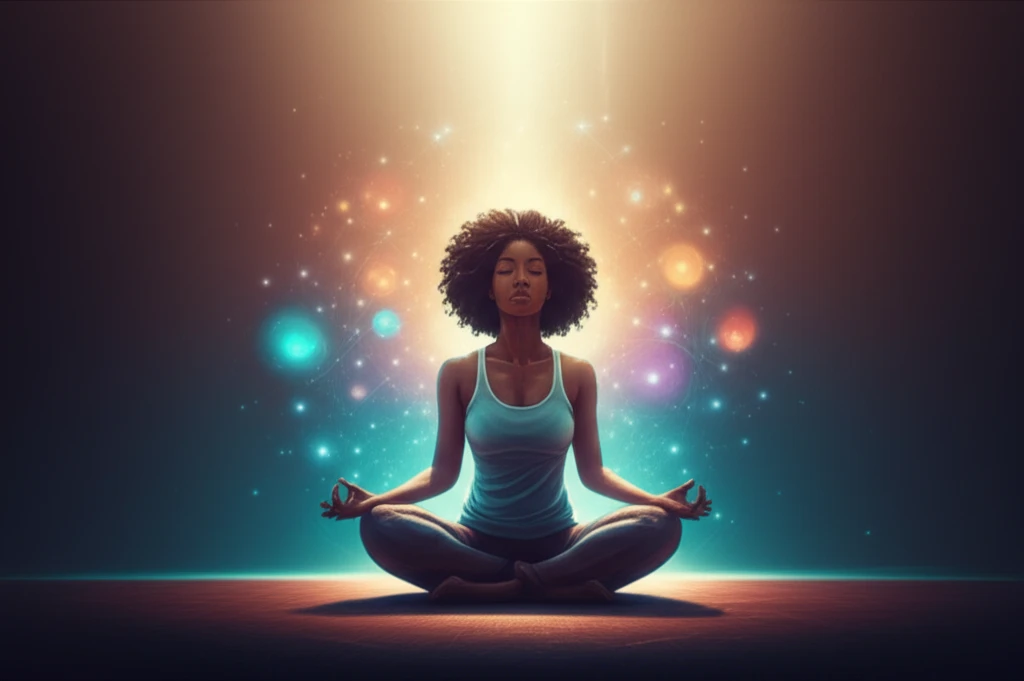 Holistic Health and Spirituality: A Black woman surrounded by orbs of well-being, symbolizing the connection between mind, body, and spirit.