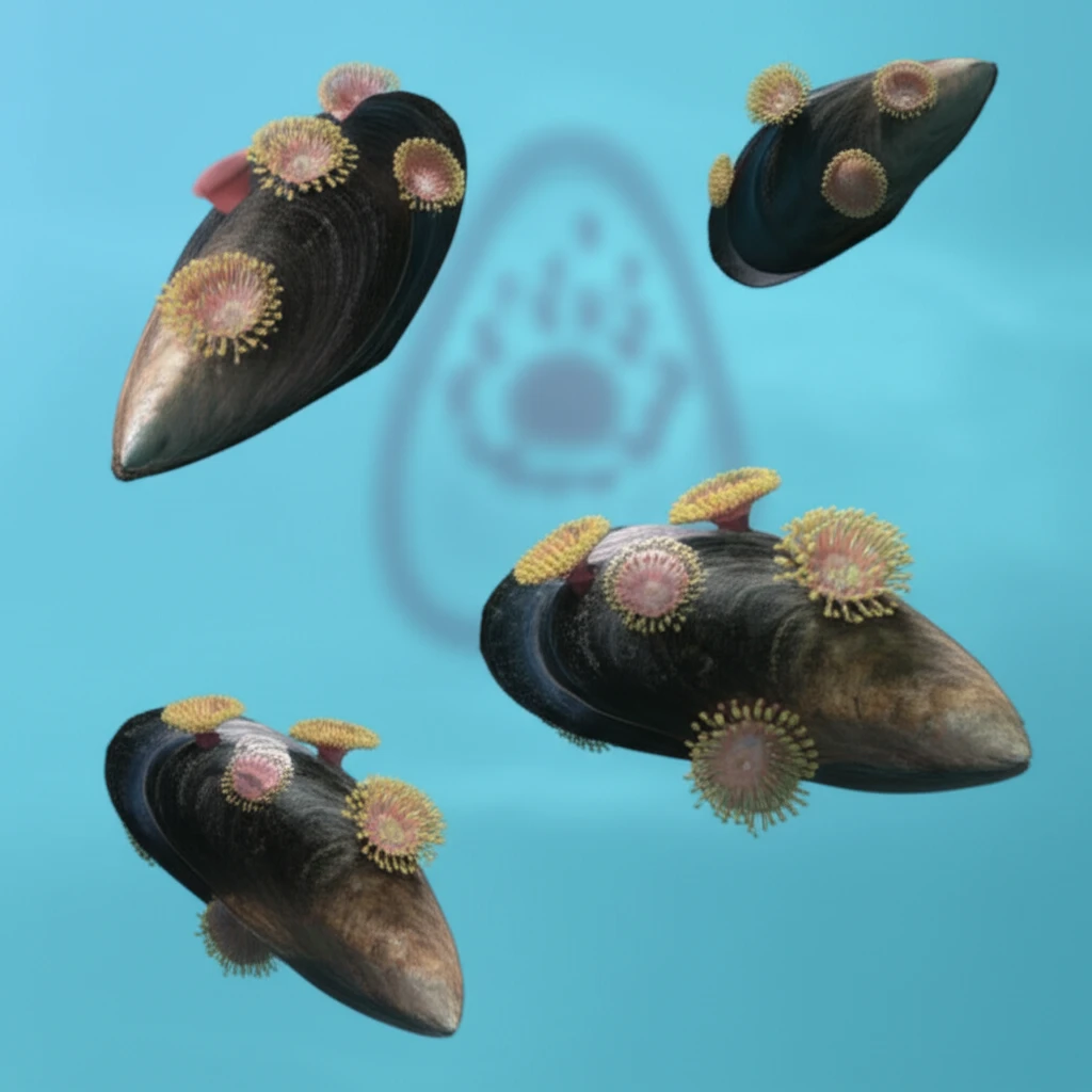 Surreal illustration of mussels with anemones symbolizing mussel allergy.