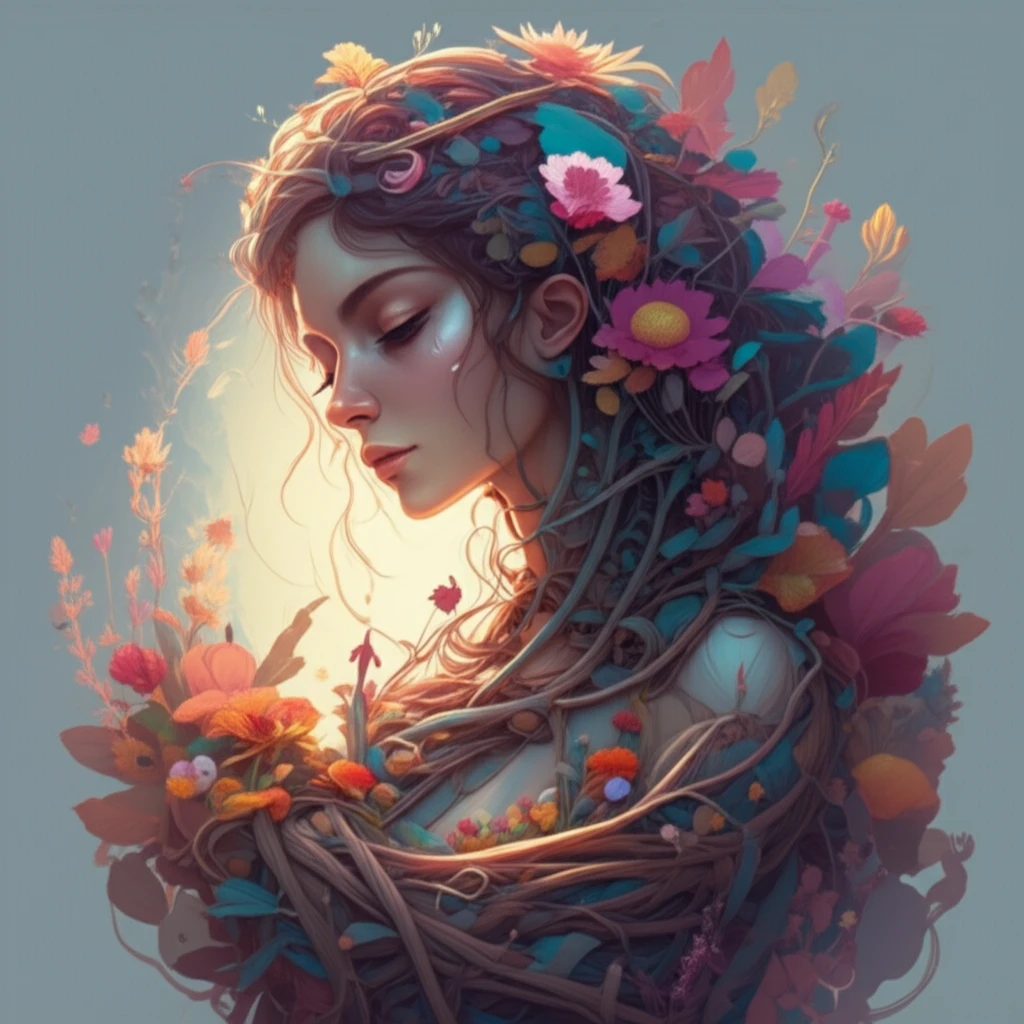 Woman surrounded by vines and flowers, symbolizing PCOS and support.