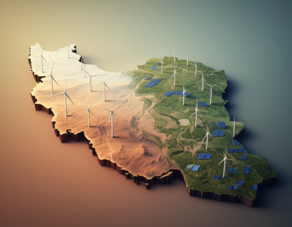 Iran's transition to sustainable energy visualized as a transformation from desert to green landscape.