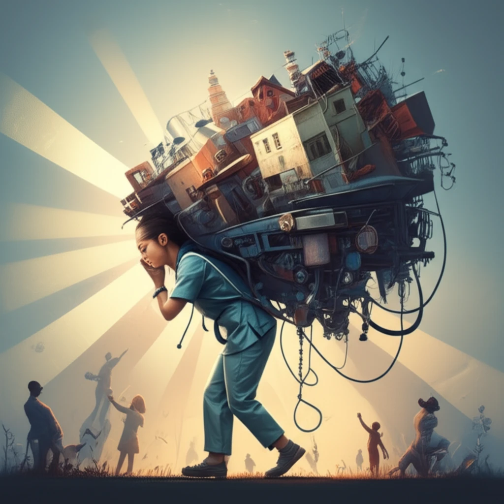 A nurse bearing the burden of a healthcare system, light radiating towards communities.