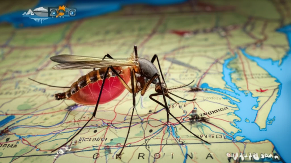 Surreal illustration of a Culex coronator mosquito over a map of Virginia, symbolizing its unexpected appearance and the influence of climate change and human transportation.