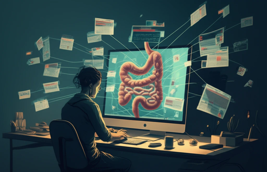 Digital illustration of interconnected web pages forming an intestine, symbolizing online health research and Celiac disease.