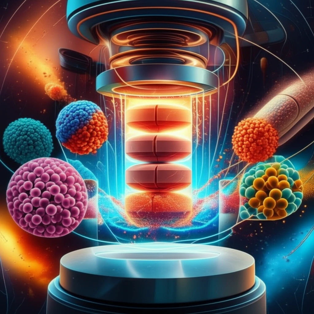 Surreal illustration of tablet compression showcasing the forces at play.