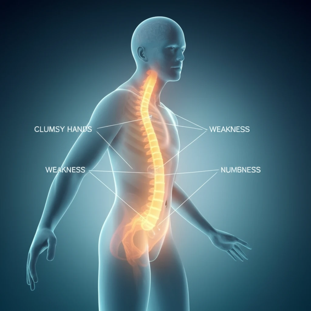 Digital illustration representing cervical spondylotic myelopathy and the DOWN questionnaire.