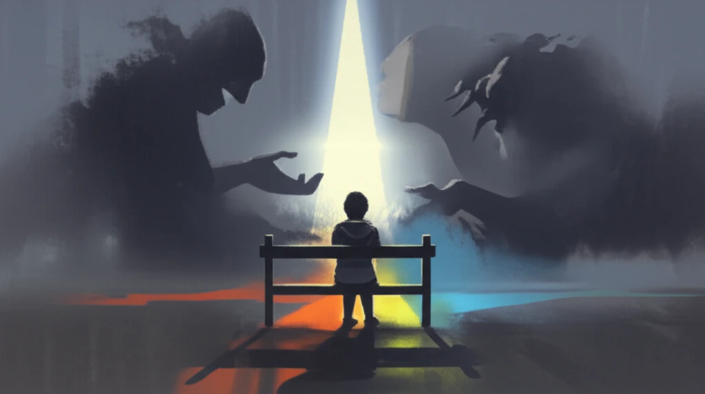 A lone student sits under shadows, as hope is in the distance.