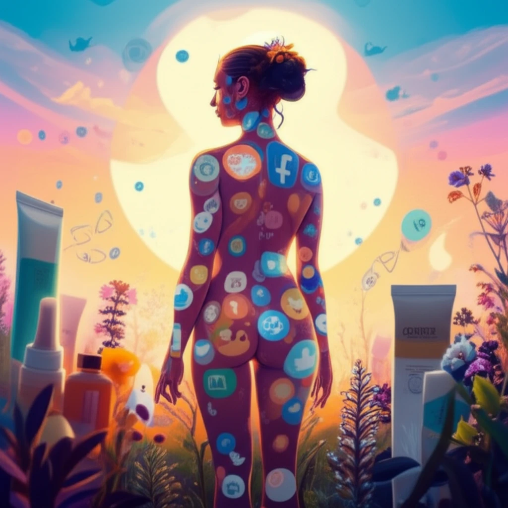 Person with psoriasis surrounded by social media tweets and healing elements.