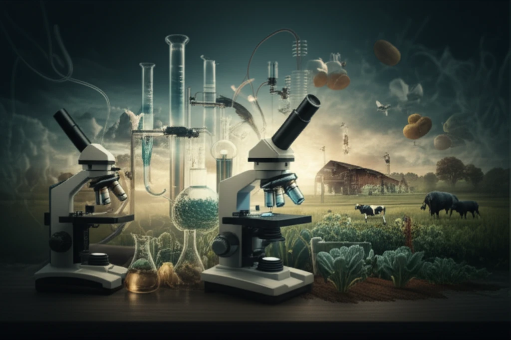 Surreal digital illustration of interconnected lab equipment and a vibrant farm scene, symbolizing the blend of technology and nature in modern food safety.