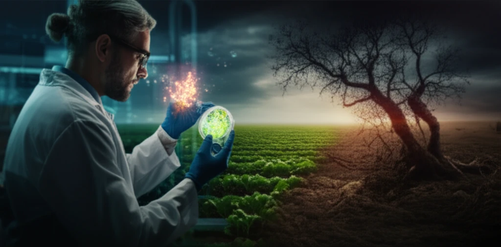 Scientist examining glowing pyrazolo[3,4-b]pyridine crystals in a lab, with a vibrant field contrasting a decaying landscape.