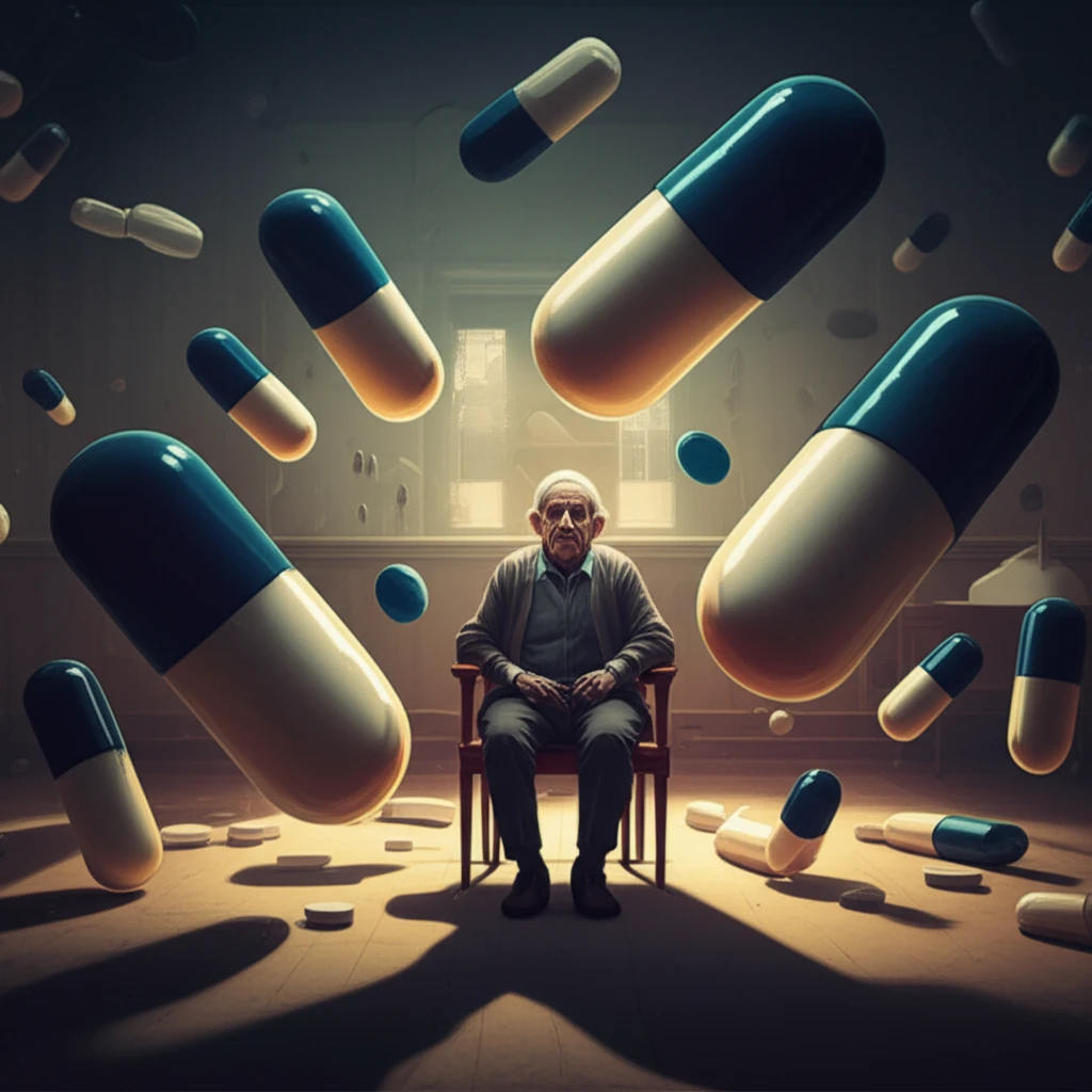 Surreal illustration depicting overmedication in aged care.