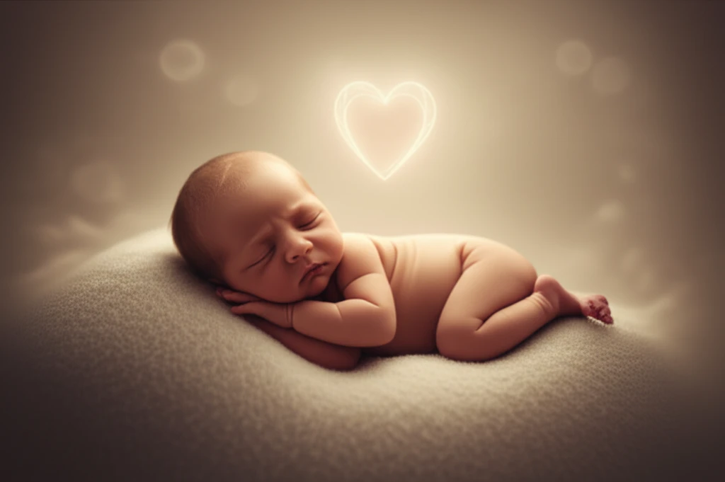 Newborn baby sleeping peacefully with a glowing heart symbol above, representing early detection of heart defects.