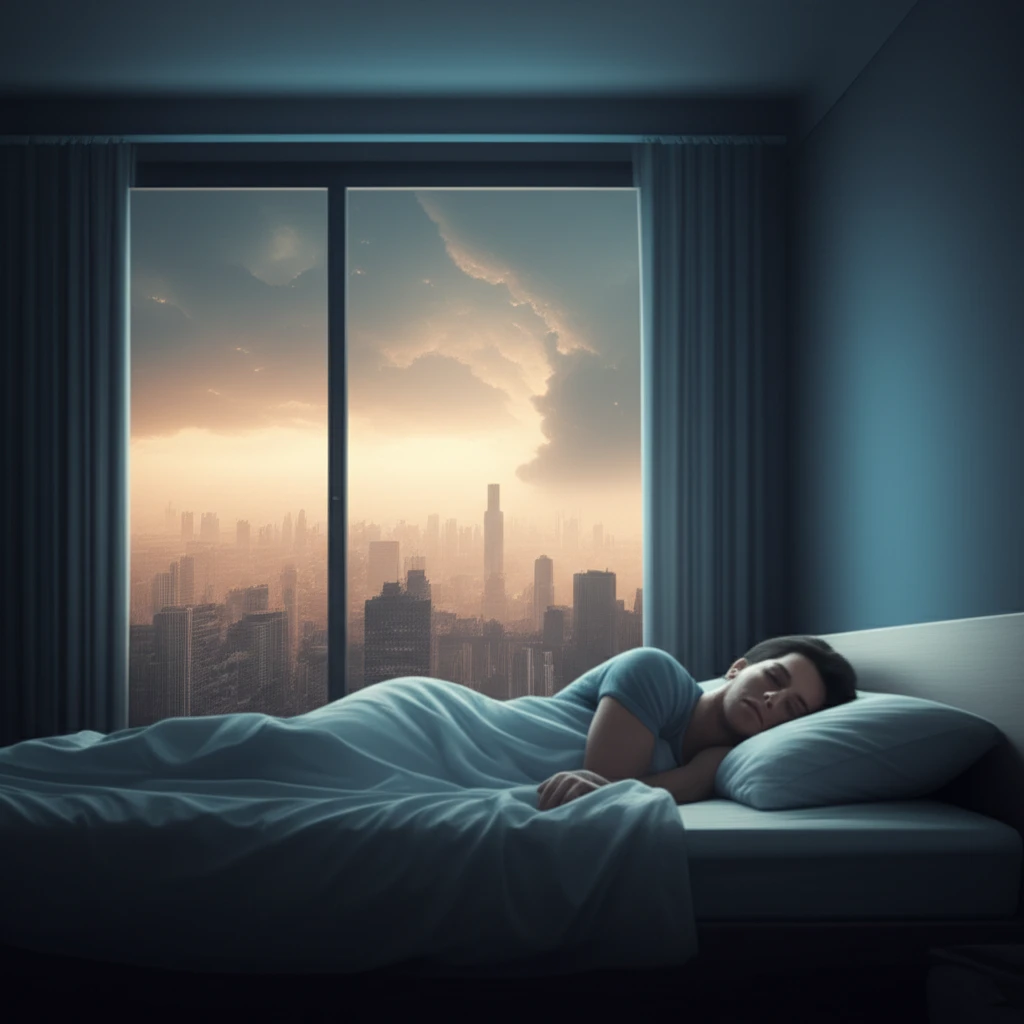 Surreal illustration showing the contrast between clean indoor air and polluted outdoor air, symbolizing the impact on sleep.