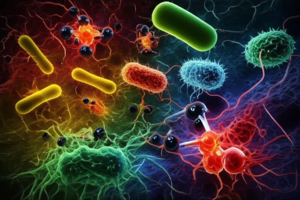 Microscopic battlefield of bacteria using arsenic molecules as weapons.