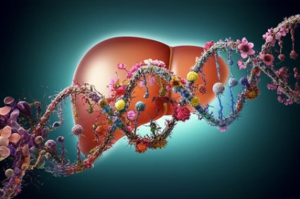 Conceptual illustration of cancer cells undergoing apoptosis and DNA transformation within a liver context.