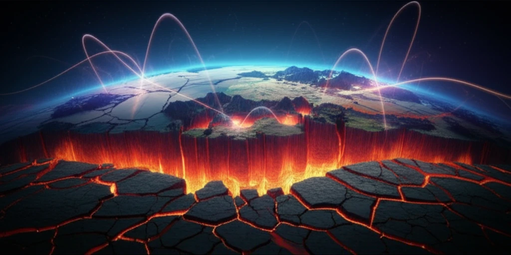 Fractured Earth landscape with glowing seismic waves.