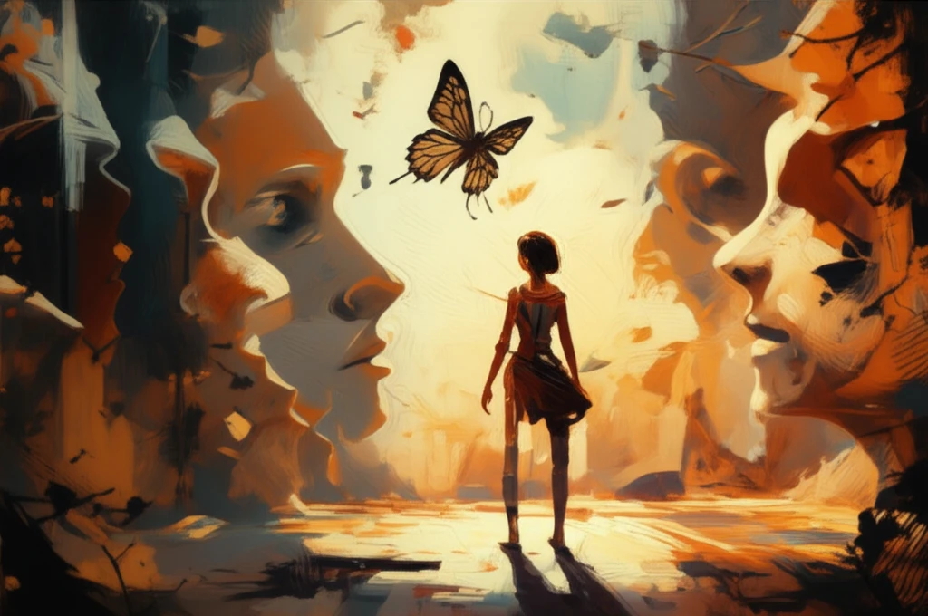 Dappled sunlight casts face-like shadows on a person, with a butterfly symbolizing mental health.