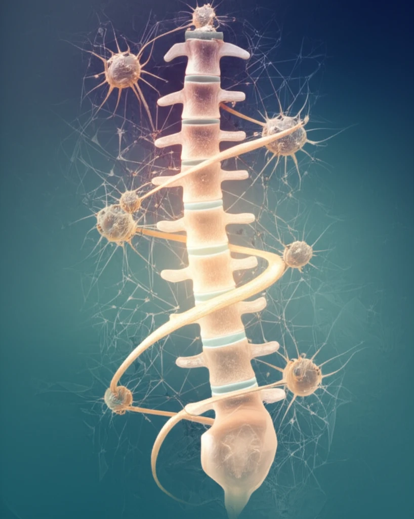Illustration of neuroinflammation in the spine, highlighting the connection between neural networks, immune cells, and chronic back pain.