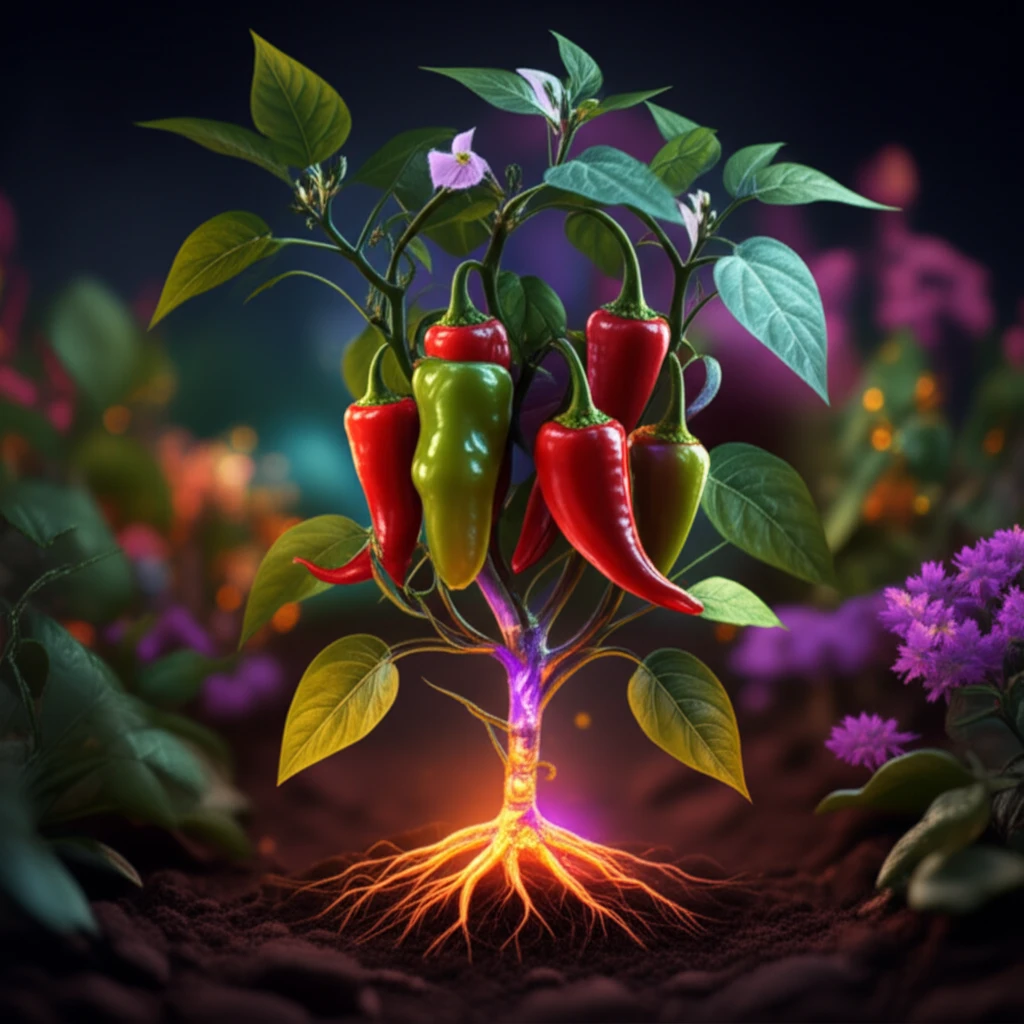 Chili pepper plants thriving with glowing roots.