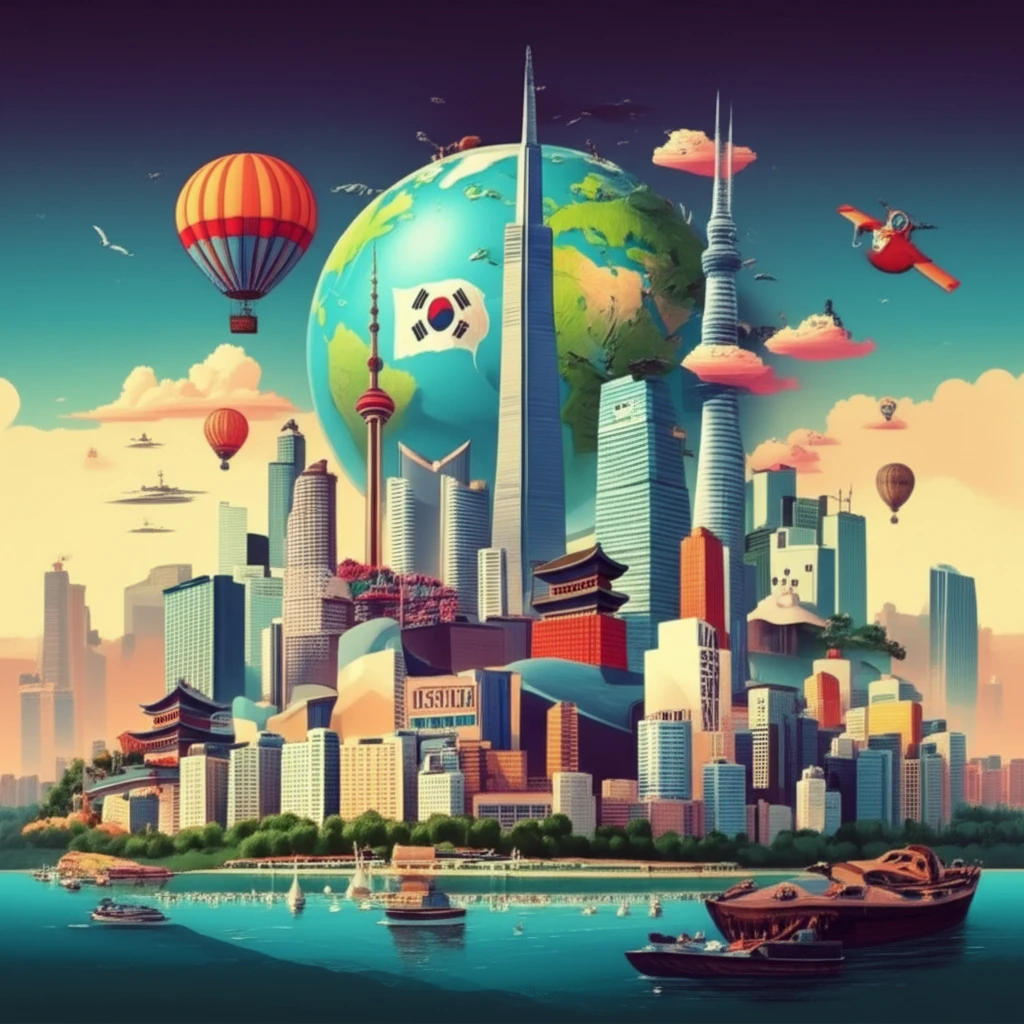 A vibrant cityscape symbolizing the global reach of the Korean Wave, blending Seoul's landmarks with international icons.