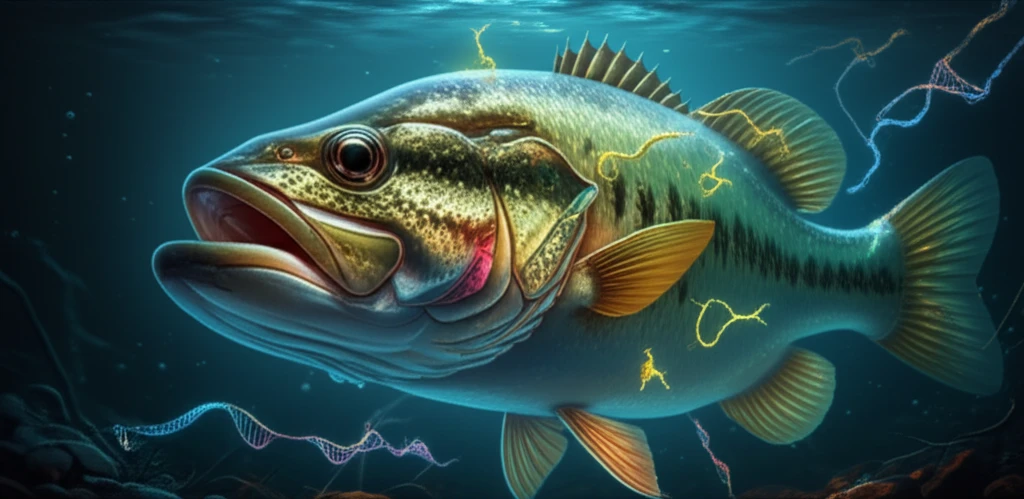Microscopic parasites on a largemouth bass, connected to DNA strands.
