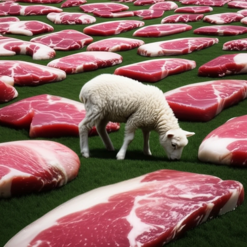Lamb grazing in surreal field of meat.