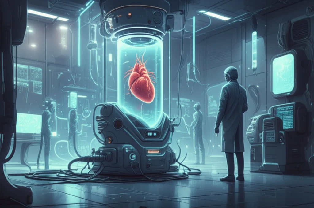 Futuristic lab with scientists growing a human heart in a bioreactor