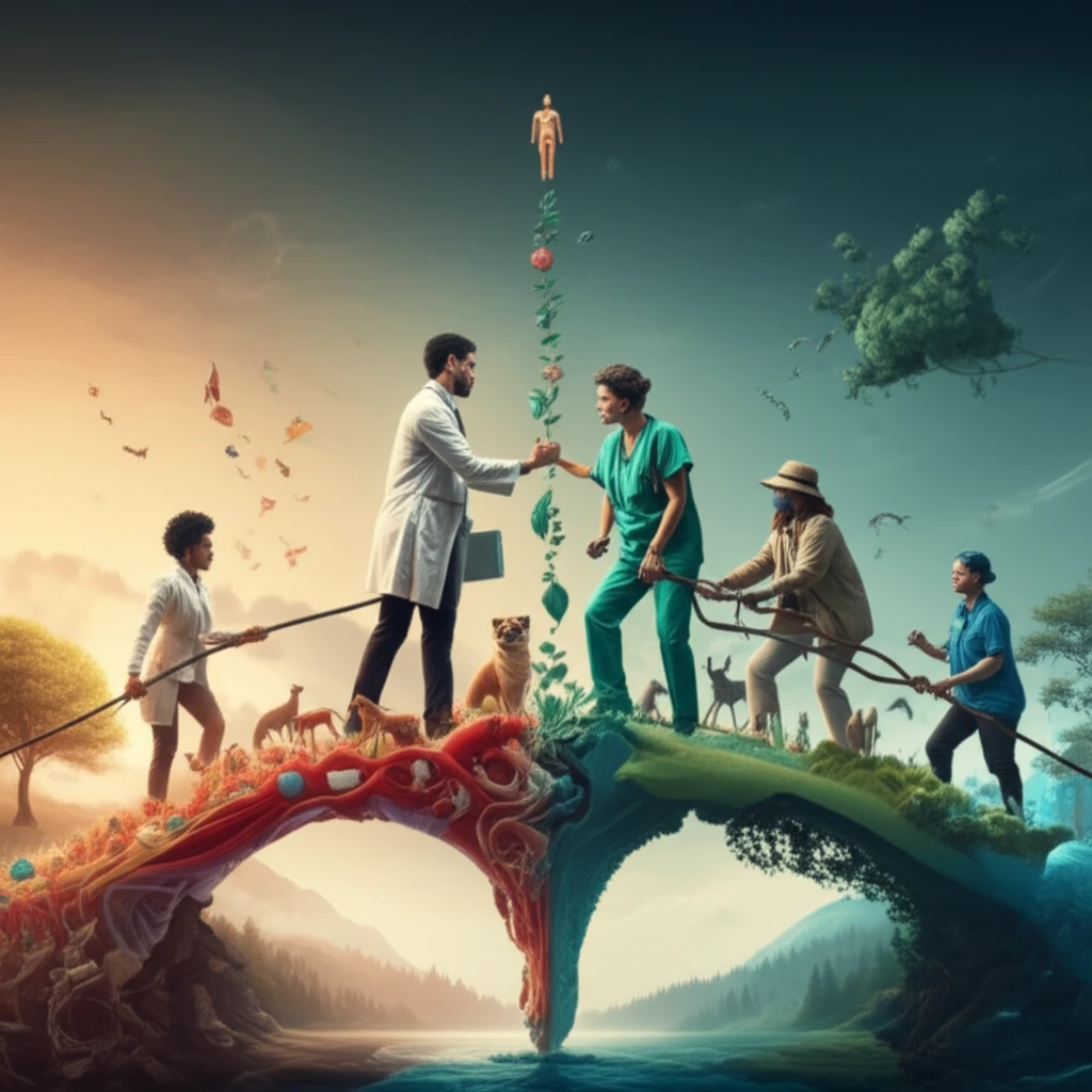 Symbolic illustration of the One Health approach with diverse professionals building a bridge.